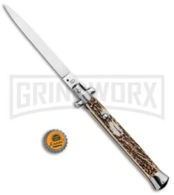 SKM 13" Stag Horn Automatic Italian Stiletto - Bayonet Satin -AKC Knife Shop 13in Auto Italian Stiletto Stag Handle Flat Satin GX 5502 jr bottlecap large