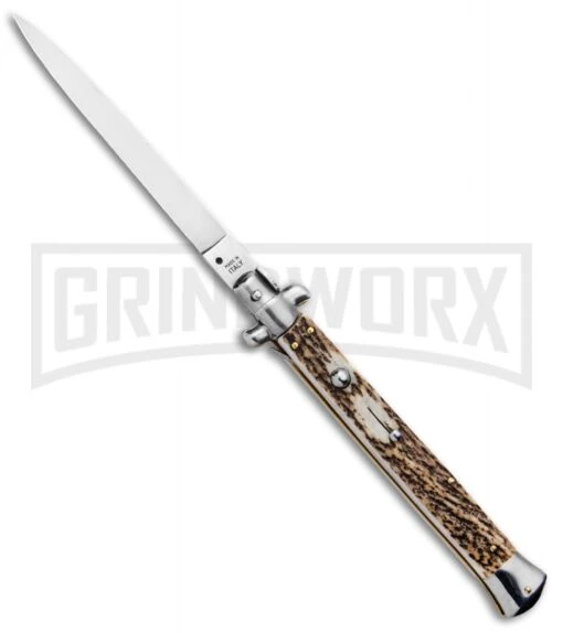 SKM 13" Stag Horn Automatic Italian Stiletto - Bayonet Satin -AKC Knife Shop 13in Auto Italian Stiletto Stag Handle Flat Satin GX 5502 jr large