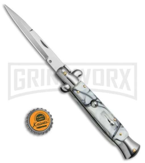 9.5" Anomaly Stiletto White Swirl Automatic Knife - Bayo Satin Plain -AKC Knife Shop 9.5in Anomaly Stiletto White Swirl Bayo Satin WNS A155BL BP 20258 jr bottlecap large