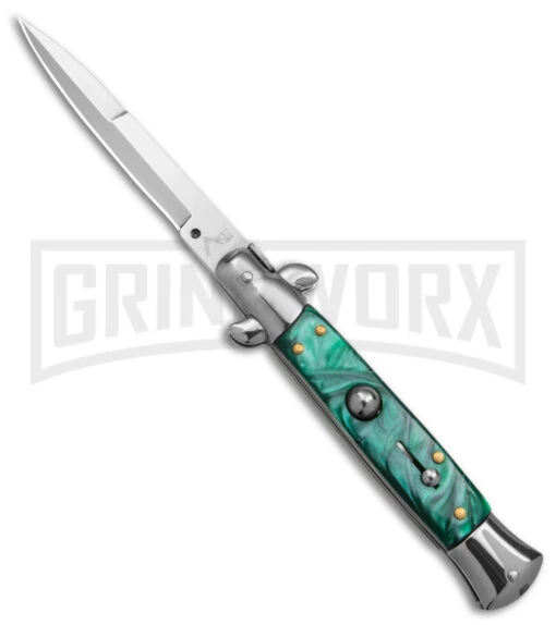 9" Anomaly Stiletto Green Pearlex Automatic Knife - Satin Bayonet -AKC Knife Shop 9in anomaly stiletto green pearlex automatic knife satin bayonet gx 6095 td large