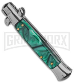 9" Anomaly Stiletto Green Pearlex Automatic Knife - Satin Bayonet -AKC Knife Shop 9in anomaly stiletto green pearlex automatic knife satin bayonet gx 6095 td side large