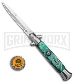 9" Anomaly Stiletto Green Pearlex Automatic Knife - Satin Bayonet -AKC Knife Shop 9in anomaly stiletto green pearlex automatic knife satin bayonet gx 6095 td size large