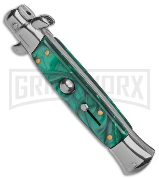 9" Anomaly Stiletto Green Pearlex Automatic Knife - Satin Bayonet -AKC Knife Shop 9in anomaly stiletto green pearlex automatic knife satin bayonet gx 6095 td spine large