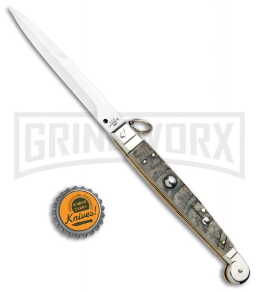 A.G.A. Campolin 9" Ram Horn Sicilian Ring Pull Automatic Knife - Bayonet -AKC Knife Shop AGA Camplin 9in Sicilian Ring Pull Auto Ram Horn Satin Bayo BHQ 100997 jr bottlecap large