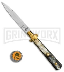 AGA Campolin 10" Brass/Dark Horn Italian Frosolone Automatic Knife - Bayonet -AKC Knife Shop AGA Campolin 10in Brass Dark Horn Italian Frosolone Bayonet BP 29647 er bottlecap large