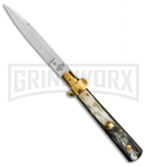 AGA Campolin 10" Brass/Dark Horn Italian Frosolone Automatic Knife - Bayonet -AKC Knife Shop AGA Campolin 10in Brass Dark Horn Italian Frosolone Bayonet BP 29647 er large