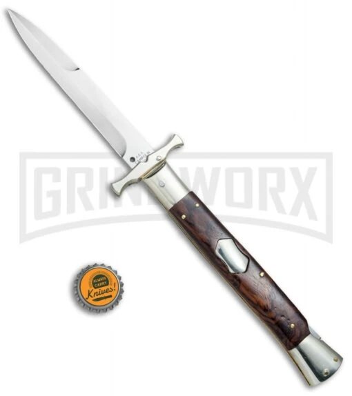 AGA Campolin 13" Stiletto Bat Swinguard Cocobolo Automatic Knife - Bayo -AKC Knife Shop AGA Campolin 13in Bat Swinguard Auto Cocobolo Satin Bayo BHQ 77552 jr bottlecap large