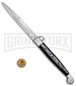 A.G.A. Campolin 16" Sim Horn Sicilian Ring Pull Automatic Knife - Satin Plain -AKC Knife Shop AGA Campolin 16in Sicilan Ring Pull Sim Horn BHQ 71213 jr bottlecap large