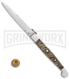 A.G.A. Campolin 16" Ram Horn Sicilian Ring Pull Automatic Knife - Bayonet -AKC Knife Shop AGA Campolin 16in Sicilian Ring Pull Auto Ram Horn Satin Bayo BHQ 87416 er bottlecap large