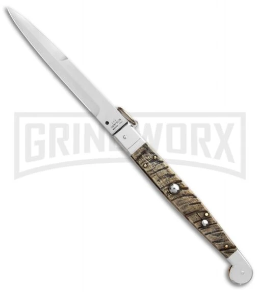 A.G.A. Campolin 16" Ram Horn Sicilian Ring Pull Automatic Knife - Bayonet -AKC Knife Shop AGA Campolin 16in Sicilian Ring Pull Auto Ram Horn Satin Bayo BHQ 87416 er large