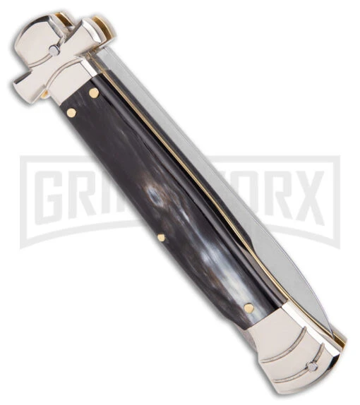 AGA Campolin 9" Maltese Cross Stiletto Horn Automatic Knife - Bayo Satin Plain -AKC Knife Shop AGA Campolin 9in Maltese Cross Stiletto Auto Horn Bayo BHQ 177244 jr side large