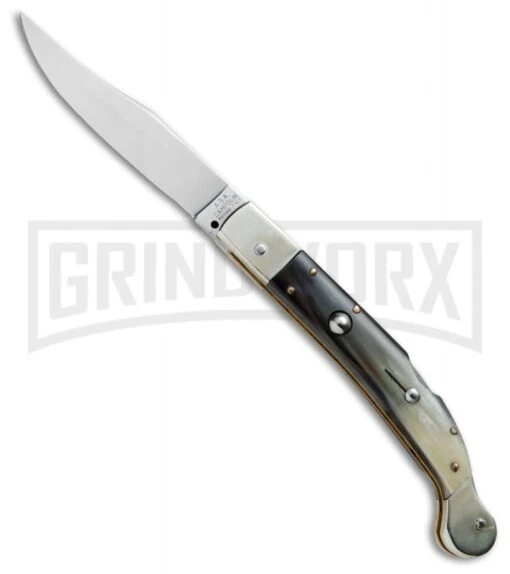 AGA Campolin Sahara Dark Horn Italian Stiletto Automatic Knife - Mirror Plain -AKC Knife Shop AGA Campolin 9in Shara Italian Stiletto LB Dark Horn Mirror BHQ 74050 jr large