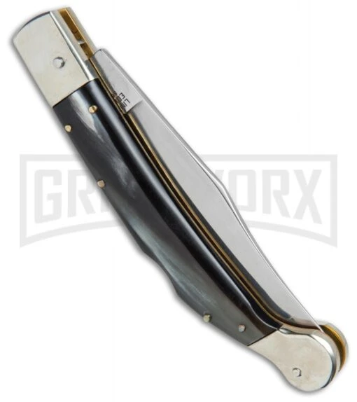 AGA Campolin Sahara Dark Horn Italian Stiletto Automatic Knife - Mirror Plain -AKC Knife Shop AGA Campolin 9in Shara Italian Stiletto LB Dark Horn Mirror BHQ 74050 jr side large