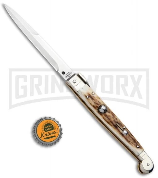 A.G.A. Campolin 9" Sicilian Stag Picklock Auto Sillito Knife - Bayonet -AKC Knife Shop AGA Campolin 9in Sicilian Picklock Auto Stag Horn Satin Bayo BHQ 81940 jr bottlecap large