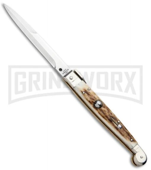 A.G.A. Campolin 9" Sicilian Stag Picklock Auto Sillito Knife - Bayonet -AKC Knife Shop AGA Campolin 9in Sicilian Picklock Auto Stag Horn Satin Bayo BHQ 81940 jr large