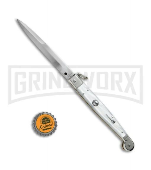 A.G.A. Campolin 9" Sicilian Ring Pull White Pearlex Automatic Knife - Bayonet -AKC Knife Shop AGA Campolin 9in Sicilian White Pearlex Ring Pull Bayo BP 19445 jr bottlecap large