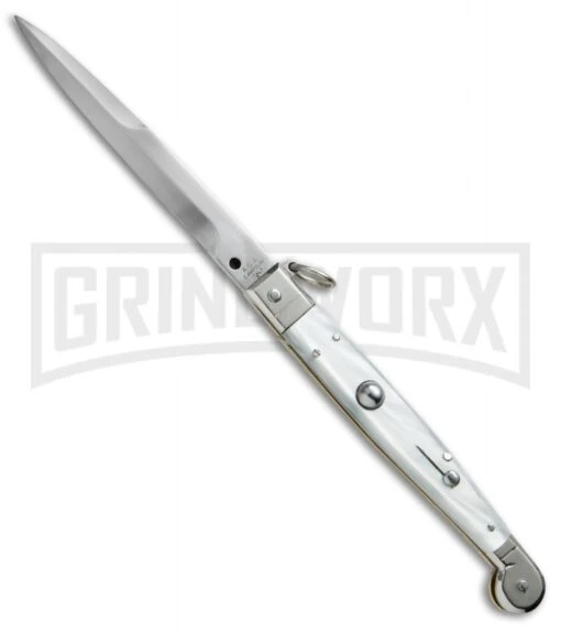 A.G.A. Campolin 9" Sicilian Ring Pull White Pearlex Automatic Knife - Bayonet -AKC Knife Shop AGA Campolin 9in Sicilian White Pearlex Ring Pull Bayo BP 19445 jr large