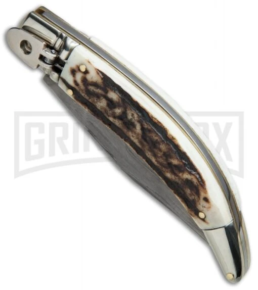 AGA Campolin Diana Stag Horn Lever Lock Automatic Knife - Damascus -AKC Knife Shop AGA Campolin Diana LL Damascus Stag Horn BHQ 67441 jr spine large