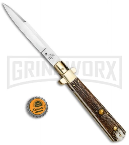 AGA Campolin 11" Frosolone Stag/Brass Stiletto Automatic Knife - Bayonet -AKC Knife Shop AGA Frosolone Stag Brass 11in Bayo BP 29297 jr bottlecap large