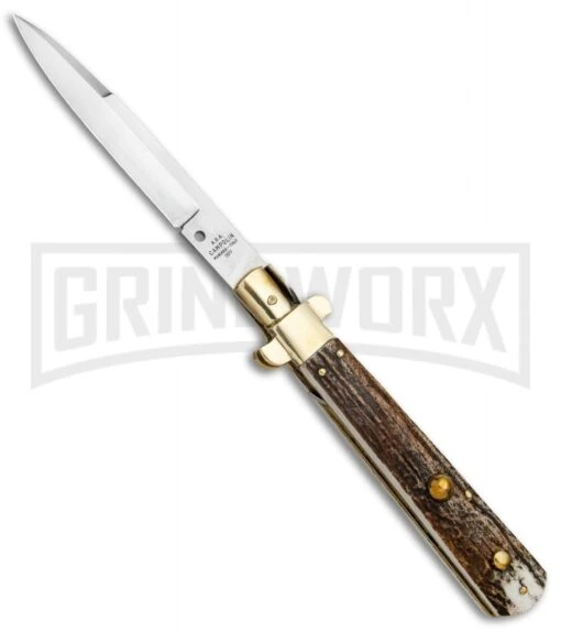 AGA Campolin 11" Frosolone Stag/Brass Stiletto Automatic Knife - Bayonet -AKC Knife Shop AGA Frosolone Stag Brass 11in Bayo BP 29297 jr large