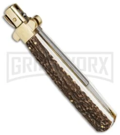 AGA Campolin 11" Frosolone Stag/Brass Stiletto Automatic Knife - Bayonet -AKC Knife Shop AGA Frosolone Stag Brass 11in Bayo BP 29297 jr side large