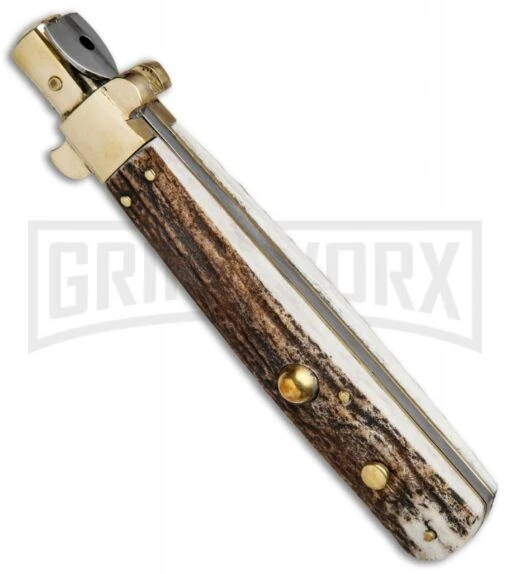 AGA Campolin 11" Frosolone Stag/Brass Stiletto Automatic Knife - Bayonet -AKC Knife Shop AGA Frosolone Stag Brass 11in Bayo BP 29297 jr spine large