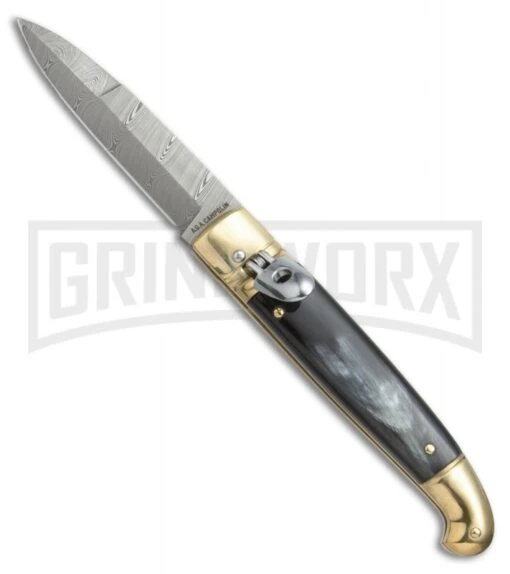 AGA Campolin Dark Horn Brass Lever Lock Automatic Knife - Damascus Plain -AKC Knife Shop AGA Lever Brass Damascus Braz Horn BP 18726 jr large