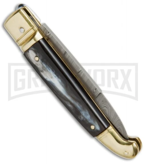 AGA Campolin Dark Horn Brass Lever Lock Automatic Knife - Damascus Plain -AKC Knife Shop AGA Lever Brass Damascus Braz Horn BP 18726 jr side large