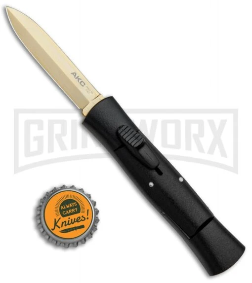 AKC 007 Concord Black OTF Automatic Knife - Dagger Gold Plain -AKC Knife Shop AKC 007 Concord Dagger OTF Auto Black Gold BP 28946 jr bottlecap large