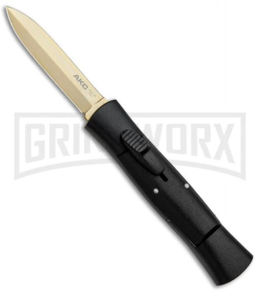 AKC 007 Concord Black OTF Automatic Knife - Dagger Gold Plain -AKC Knife Shop AKC 007 Concord Dagger OTF Auto Black Gold BP 28946 jr large