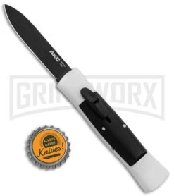 AKC 007 Concord White/Black OTF Automatic Knife - Flat Black -AKC Knife Shop AKC 007 Concord OTF White Black Flat GX 30496 jr bottlecap large