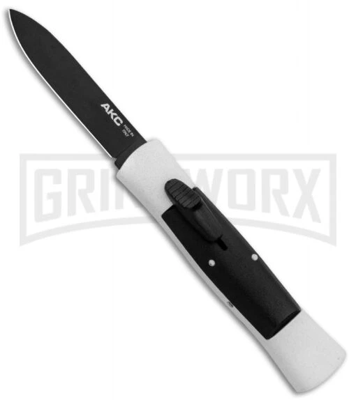 AKC 007 Concord White/Black OTF Automatic Knife - Flat Black -AKC Knife Shop AKC 007 Concord OTF White Black Flat GX 30496 jr large