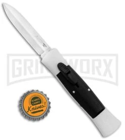 AKC 007 Concord White/Black OTF Automatic Knife - Dagger Satin -AKC Knife Shop AKC 007 Concord OTF White Satin Dagger GX 30495 jr bottlecap large