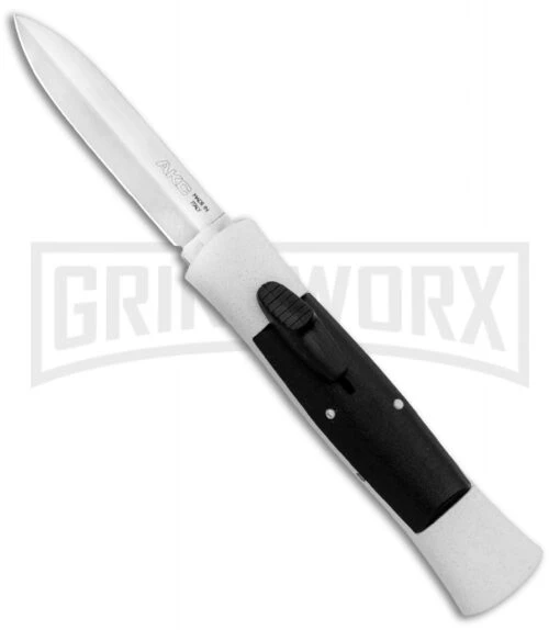 AKC 007 Concord White/Black OTF Automatic Knife - Dagger Satin -AKC Knife Shop AKC 007 Concord OTF White Satin Dagger GX 30495 jr large