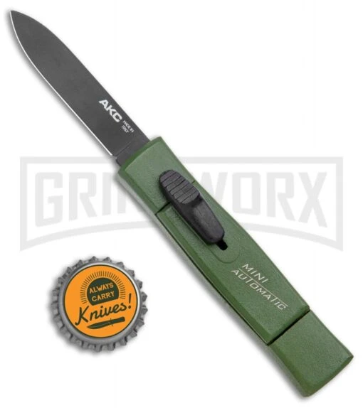 AKC Minion Concord Green OTF Automatic Knife - Spear Point Plain -AKC Knife Shop AKC 007 Mini Concord OTF Auto NATO Green Black BHQ 135713 jr bottlecap large