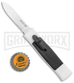 AKC Minion Concord White/Black OTF Automatic Knife - Spear Point Satin Plain -AKC Knife Shop AKC 007 Mini Concord OTF Auto White Black Satin BHQ 135712 jr bottlecap large