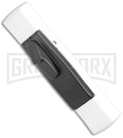 AKC Minion Concord White/Black OTF Automatic Knife - Spear Point Satin Plain -AKC Knife Shop AKC 007 Mini Concord OTF Auto White Black Satin BHQ 135712 jr spine large