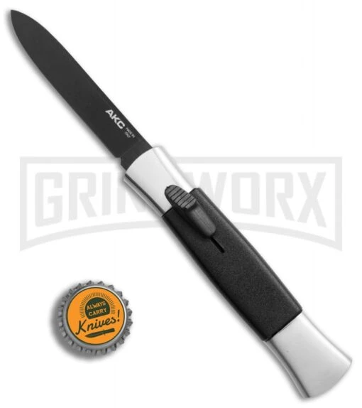 AKC 077 Concord Polish/Black OTF Automatic Knife - Flat Black Plain -AKC Knife Shop AKC 077 Concord Polish Black flat black plain BP 22707 er bottlecap large