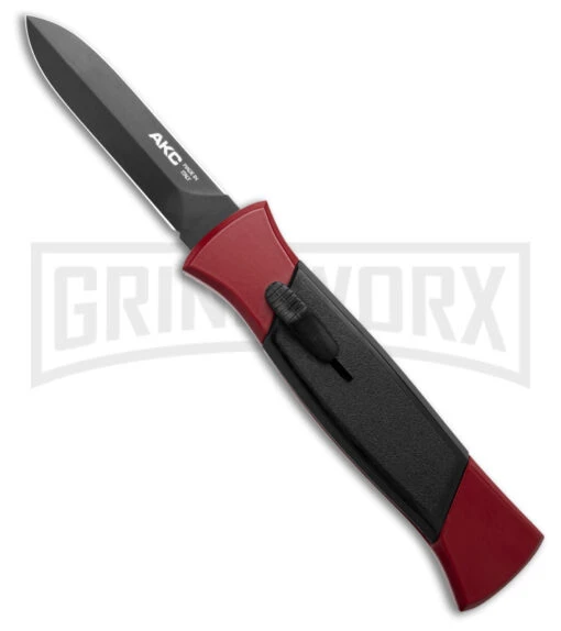 AKC 777 Blackfinger Red/Black OTF Automatic Knife - Black Plain Dagger -AKC Knife Shop AKC 777 Blackfinger Dagger OTF Automatic Knife Red Black 3.375in Black Flat BHQ 184002 hd large