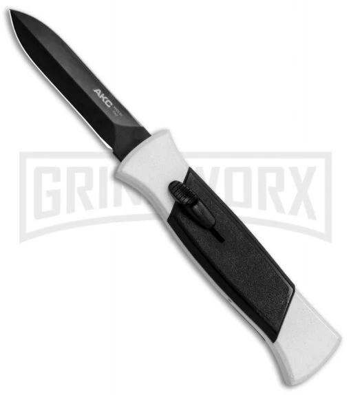 AKC 777 Blackfinger Tactical White/Blk OTF Automatic Knife - Dagger Black Plain -AKC Knife Shop AKC 777 Blackfinger Dagger OTF White Black BHQ 82047 jr large