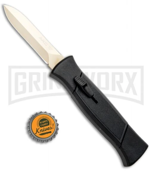 AKC 777 Blackfinger Black OTF Automatic Knife - Dagger Gold Plain -AKC Knife Shop AKC 777 Blackfinger OTF Auto Black Gold Dagger BHQ 92040 jr bottlecap large