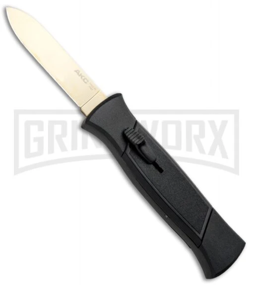 AKC 777 Blackfinger Black OTF Automatic Knife - Flat Gold Plain -AKC Knife Shop AKC 777 Blackfinger OTF Auto Black Gold Flat BHQ 92039 jr large