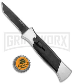 AKC 777 Blackfinger Brushed Aluminum OTF Automatic Knife - Black Tanto -AKC Knife Shop AKC 777 Blackfinger OTF Auto Brushed Aluminum Black Black Tanto BHQ 153398 jr bottlecap large