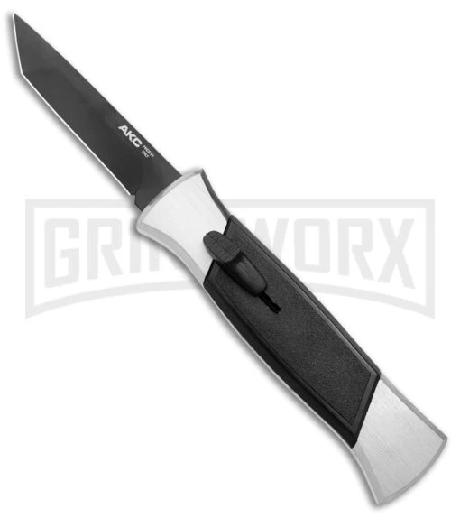 AKC 777 Blackfinger Brushed Aluminum OTF Automatic Knife - Black Tanto -AKC Knife Shop AKC 777 Blackfinger OTF Auto Brushed Aluminum Black Black Tanto BHQ 153398 jr large