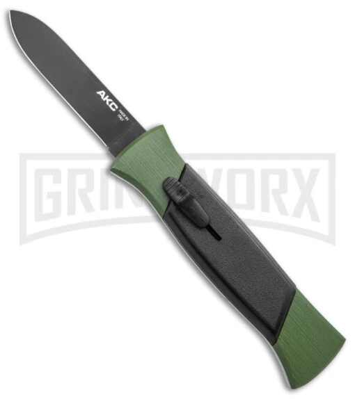 AKC 777 Blackfinger Green/Black OTF Automatic Knife - Black Plain -AKC Knife Shop AKC 777 Blackfinger OTF Auto Green Black Black Flat BHQ 138920 jr large