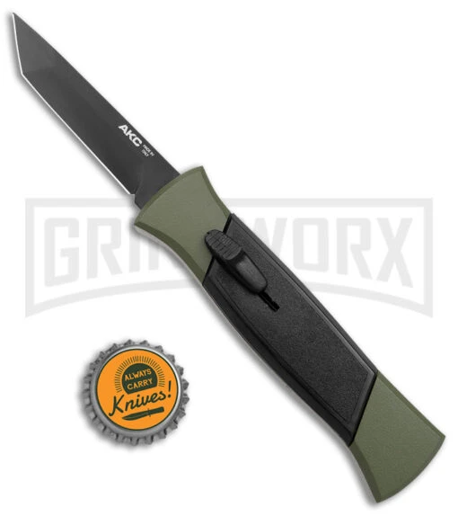 AKC 777 Blackfinger Green/Black OTF Automatic Knife - Black Tanto -AKC Knife Shop AKC 777 Blackfinger OTF Auto Green Black Black Tanto BHQ 153513 jr bottlecap large