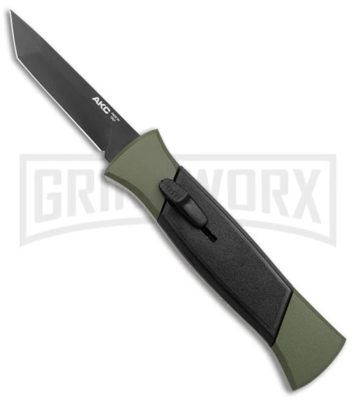 AKC 777 Blackfinger Green/Black OTF Automatic Knife - Black Tanto -AKC Knife Shop AKC 777 Blackfinger OTF Auto Green Black Black Tanto BHQ 153513 jr large