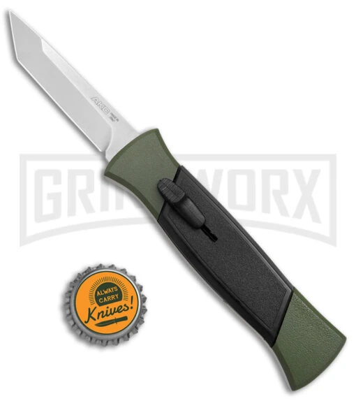 AKC 777 Blackfinger Green/Black OTF Automatic Knife - Satin Tanto -AKC Knife Shop AKC 777 Blackfinger OTF Auto Green Black SW Tanto BHQ 152941 jr bottlecap large