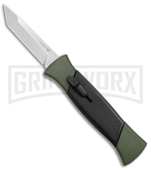 AKC 777 Blackfinger Green/Black OTF Automatic Knife - Satin Tanto -AKC Knife Shop AKC 777 Blackfinger OTF Auto Green Black SW Tanto BHQ 152941 jr large