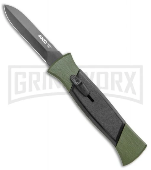 AKC 777 Green Blackfinger Brushed Aluminum OTF Automatic Knife - Black Dagger -AKC Knife Shop AKC 777 Green Blackfinger Dagger OTF Auto Brushed Aluminum Black BHQ 87411 jr large